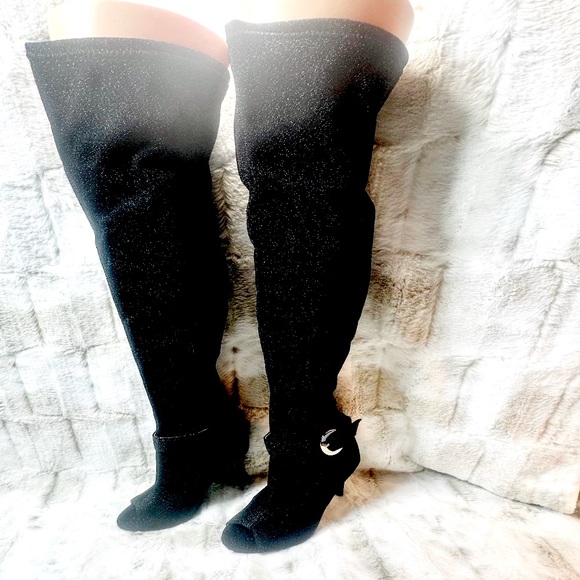 Glamour Chic Black Metallic Thread Stretch Over The Knee High Heel Boots - Picture 5 of 8
